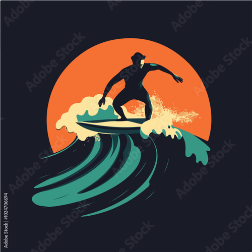 Surfer conquers a wave. Extreme sport. Surfing.