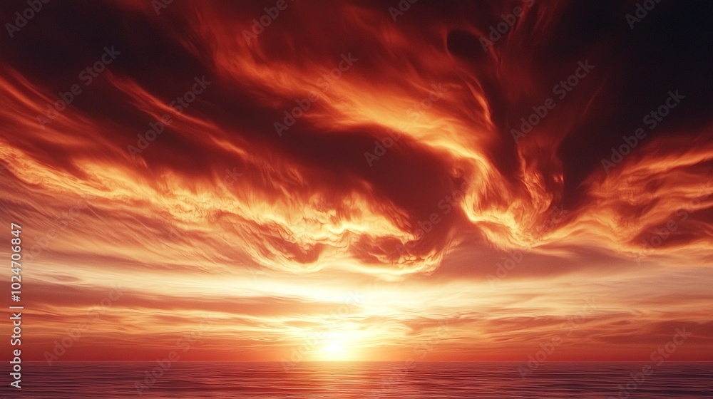 The sun sets over the reddened and yellowed clouds as a boat floats in the water below The sun sets over the reddened and yellowed clouds as a boat floats in the water below