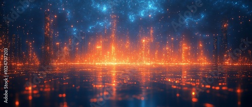 A vibrant digital landscape with glowing orange and blue elements reflecting on a surface.