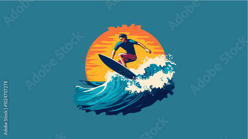 Surfer conquers a wave. Extreme sport. Surfing.