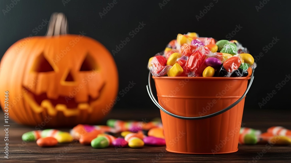 Bucket filled with colorful Halloween candies, sitting by a carved pumpkin, Halloween candy festivity, concept Bucket filled with colorful Halloween candies, sitting by a carved pumpkin, Halloween candy festivity, concept