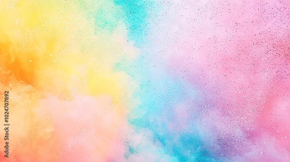 A colorful cloud of powder in a rainbow shape on a pink, blue, yellow, and green background A colorful cloud of powder in a rainbow shape on a pink, blue, yellow, and green background