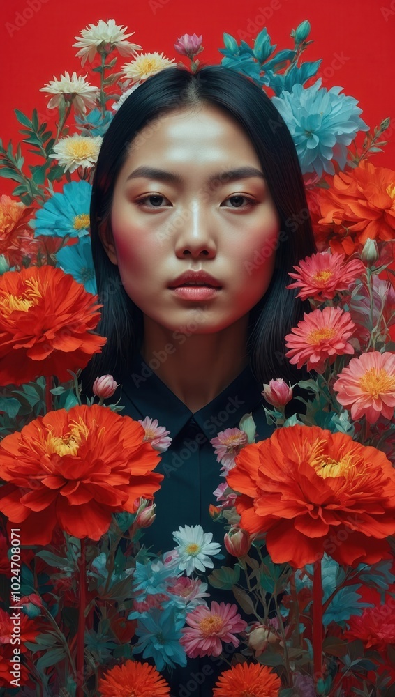Asian woman with dark hair and neutral expression, vibrant floral backdrop, soft makeup Asian woman with dark hair and neutral expression, vibrant floral backdrop, soft makeup