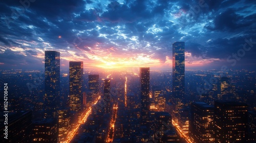 Wallpaper Mural Stunning city skyline at sunset with vibrant clouds and lights. Torontodigital.ca