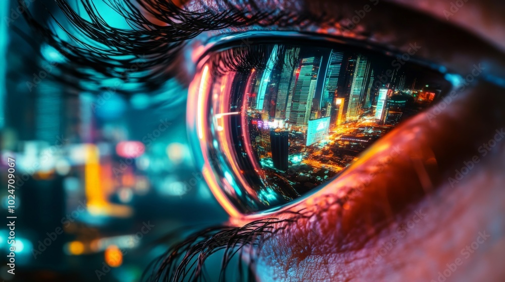 Human eye with neon city reflection, cyberpunk aesthetic, vertical
Futuristic cityscape, technology vision, digital reflection, modern urban concept. defocus Human eye with neon city reflection, cyberpunk aesthetic, vertical
Futuristic cityscape, technology vision, digital reflection, modern urban concept. defocus
