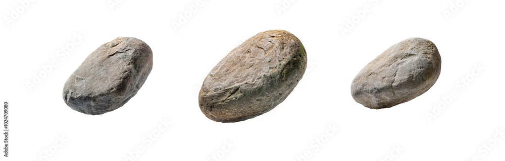 Three isolated, grey stones with uneven surfaces against a white background. Three isolated, grey stones with uneven surfaces against a white background.