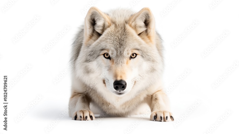 Front view of a wolf lying down on a white background, showing detailed fur and intense eyes. Front view of a wolf lying down on a white background, showing detailed fur and intense eyes.