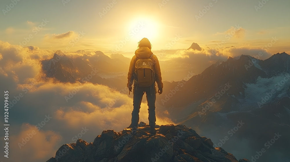 A person standing on top of the mountain, arms raised in triumph, with a scenic view of the landscape below.
A person standing on top of the mountain, arms raised in triumph, with a scenic view of the landscape below.