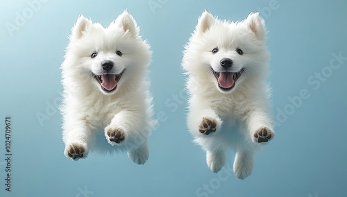 Two playful Samoyed puppies jumping in the air against a light blue background.