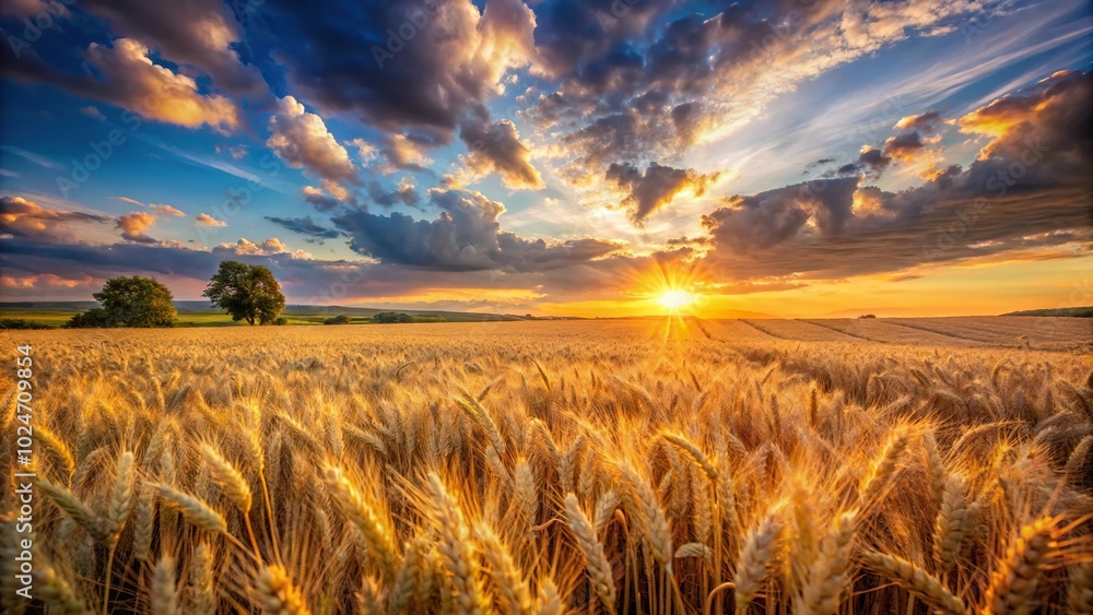 Obraz premium sunset landscape with wheat field reflected in water
