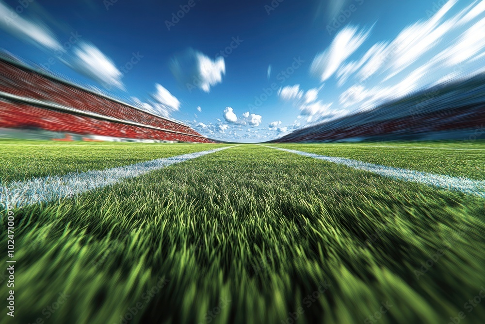 Fototapeta premium A low angle view of a green grass football field with white lines, surrounded by red bleachers and a blue sky with white clouds.
