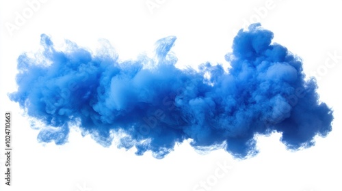 A vibrant blue smoke explosion captured mid-movement, isolated on a bright, crisp white background.