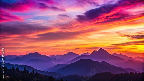 Sunset over mountains in medium shot with purple and pink colors in the background