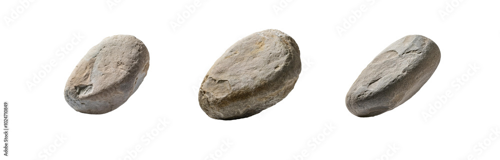 Fototapeta premium Three isolated gray stones with a smooth, oval shape.