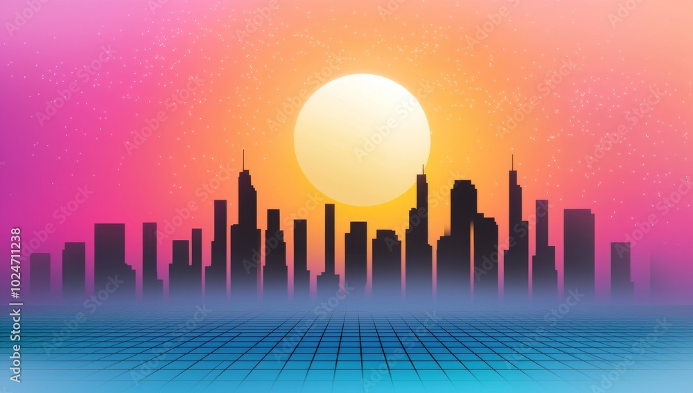 Synthwave City Skyline With Neon Colors And Geometric Patterns Synthwave City Skyline With Neon Colors And Geometric Patterns