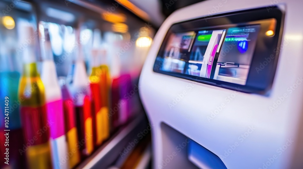 Fototapeta premium A modern lab featuring a 3D printer at work, surrounded by colorful beakers and a digital display panel.