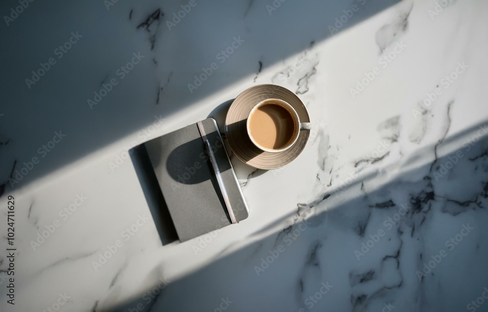 A cup of coffee on a saucer and a closed notebook with a pen on top, all on a marble surface with natural light coming in. A cup of coffee on a saucer and a closed notebook with a pen on top, all on a marble surface with natural light coming in.