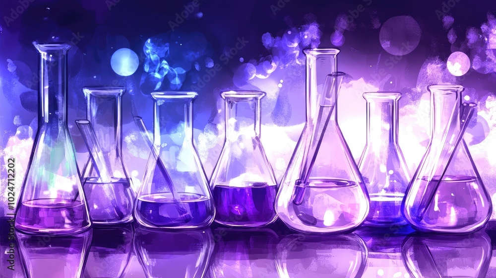 Futuristic lab featuring a 3D printer and digital screen, surrounded by beakers and test tubes. No logos. Futuristic lab featuring a 3D printer and digital screen, surrounded by beakers and test tubes. No logos.