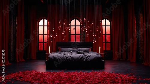   A bed sits in front of two windows, surrounded by red petals on the floor and a single red rose photo