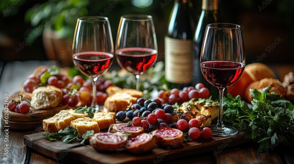 A festive spread of wine and assorted fruits on a wooden table. A festive spread of wine and assorted fruits on a wooden table.