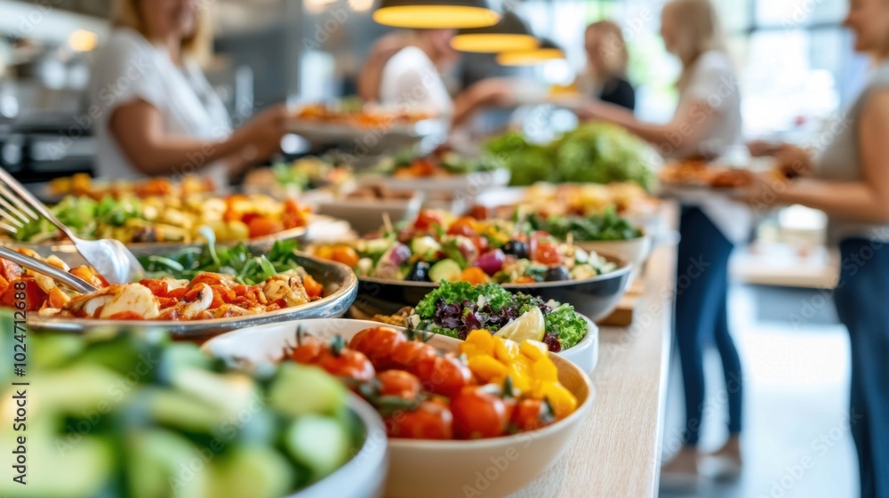 Fototapeta premium A vibrant buffet with diverse salads and dishes in a lively, modern dining setting, AI
