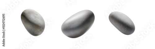 Three isolated, smooth, oval gray stones on a white background.