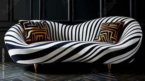 Art deco-inspired sofa with rich textures and geometric shapes, in a glamorous setting,