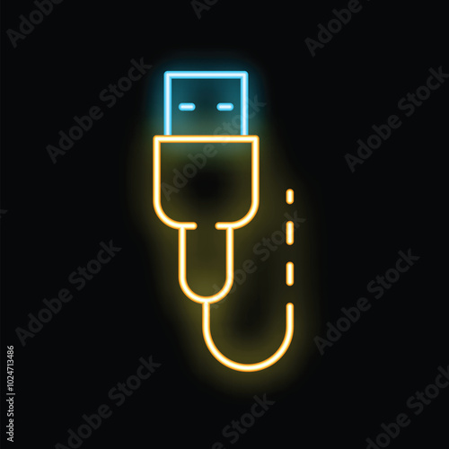 Bright neon usb cable icon glowing on a dark background, representing data transfer and connectivity