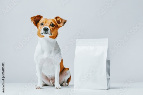 Obraz na płótnie dog sitting beside blank white pet food package for branding or advertisement on light background, pet food marketing, packaging mockup w salonie