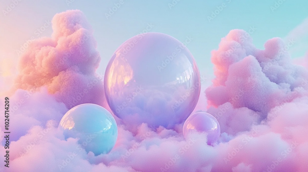 Soap bubbles float in the sky against a backdrop of cloudy blue skies Soap bubbles float in the sky against a backdrop of cloudy blue skies