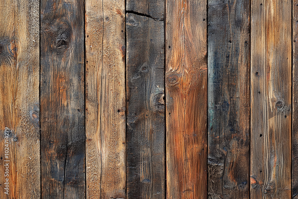 Rustic wooden planks with varied textures and colors on display Rustic wooden planks with varied textures and colors on display
