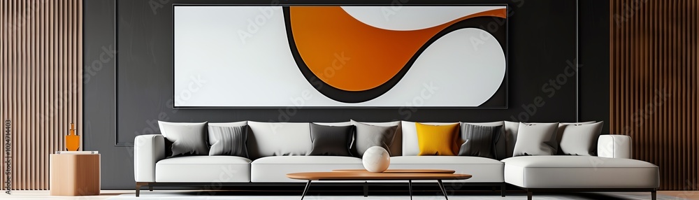 Mid-century retro living room with a sleek minimalist sofa, wood ...