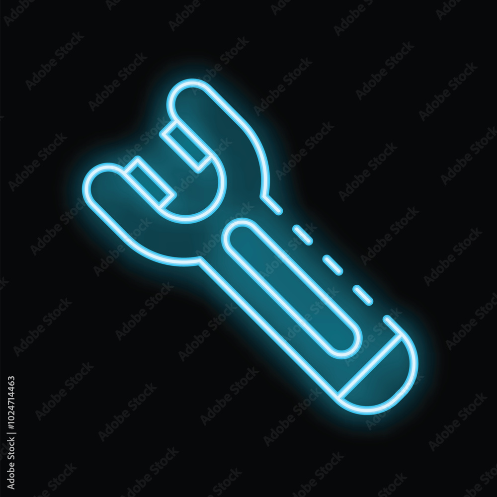 Neon wrench icon glowing on dark background, representing construction, repair, and diy concepts Neon wrench icon glowing on dark background, representing construction, repair, and diy concepts