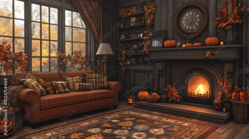 Obraz premium Cozy living room with fireplace, pumpkins, autumn leaves, and a large window.