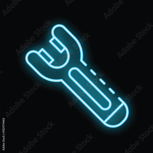 Neon wrench icon glowing on dark background, representing construction, repair, and diy concepts