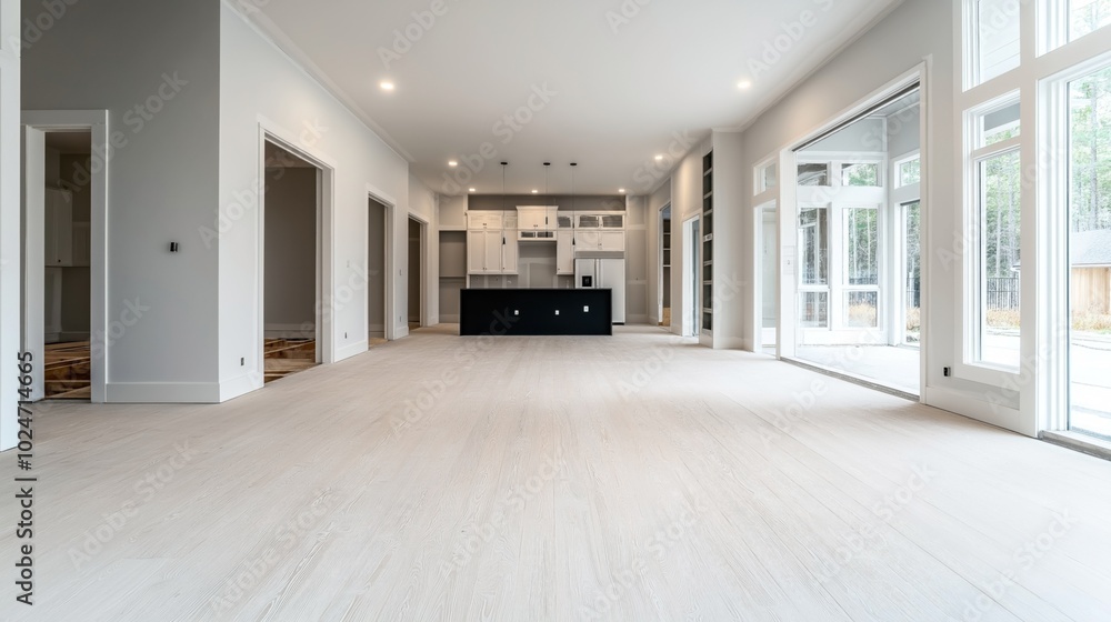 Fototapeta premium Spacious modern open-plan kitchen and living area with large windows, light wood flooring, and a minimalist design emphasizing natural light and clean lines.