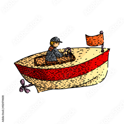 yacht toy boat hand drawn. canoe kayak, dinghy raft, cruiser tug yacht toy boat vector sketch. isolated color illustration