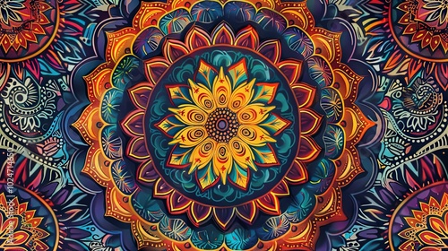 Vibrant mandala artwork with intricate floral patterns and bold colors, showcasing a harmonious blend of teal, orange, and purple.