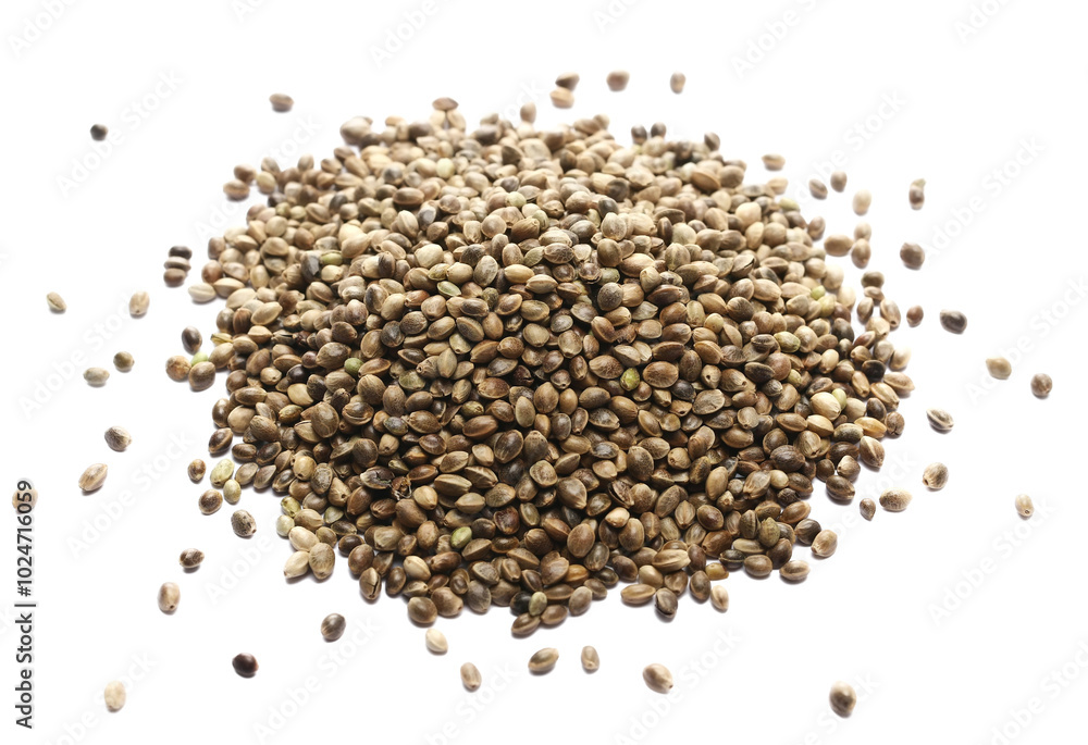 Close up hemp seeds isolated on white background, macro Close up hemp seeds isolated on white background, macro