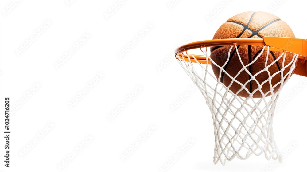 Close-up of a basketball going through an orange hoop with a white net, isolated on a white background. Close-up of a basketball going through an orange hoop with a white net, isolated on a white background.