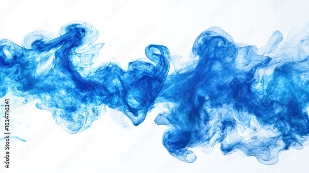 Blue smoke forming abstract, fluid shapes as it explodes mid-air, captured on a white background. Blue smoke forming abstract, fluid shapes as it explodes mid-air, captured on a white background.