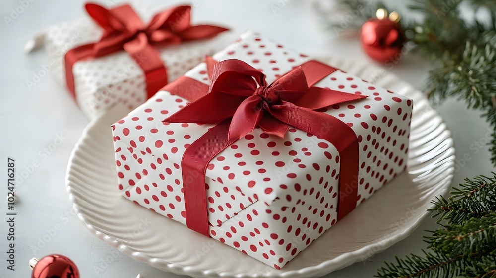 Christmas gift boxes wrapped in polka dot and chevron paper, adorned with red ribbons and pine branches, create a bright, cheerful holiday scene with a festive atmosphere.