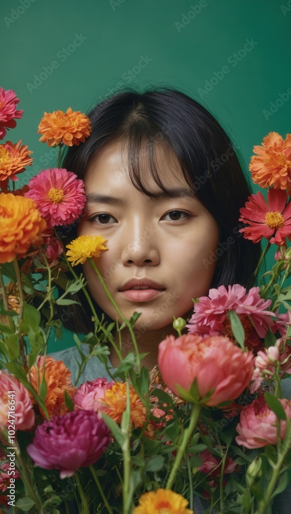 Asian woman with short hair holding pink and orange flowers, vibrant floral backdrop Asian woman with short hair holding pink and orange flowers, vibrant floral backdrop