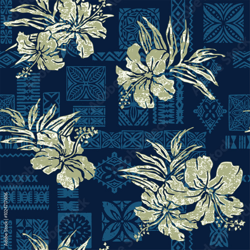Hibiscus flower and leaves with tapa cloth background abstract hawaiian vector seamless pattern for fabric shirt pillow tablecloth towel wrapping cover