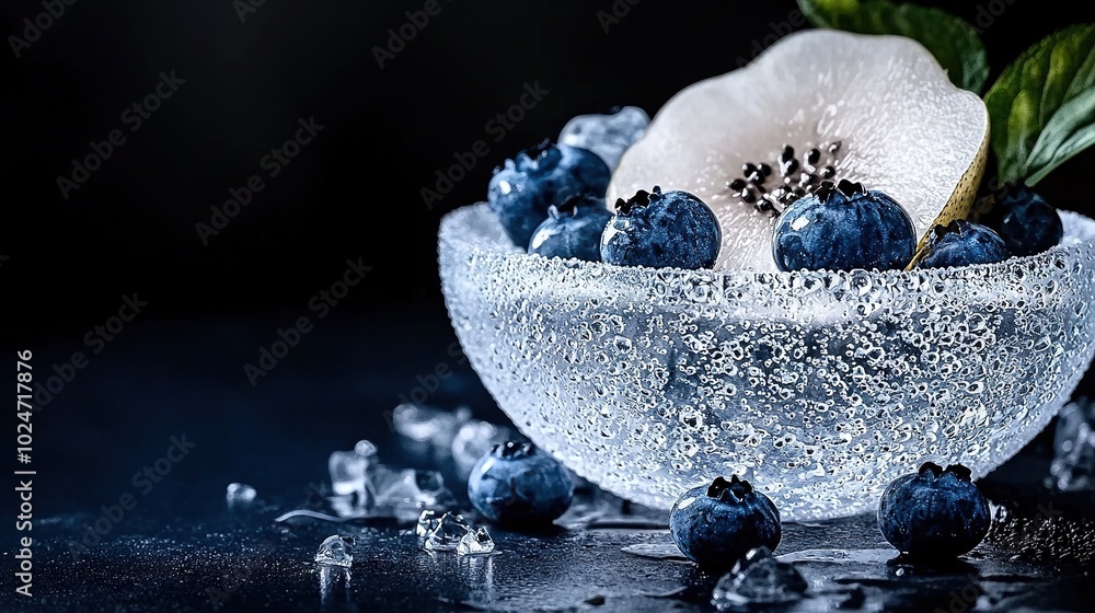 A blueberry-filled glass bowl sits atop an apple on ice A blueberry-filled glass bowl sits atop an apple on ice