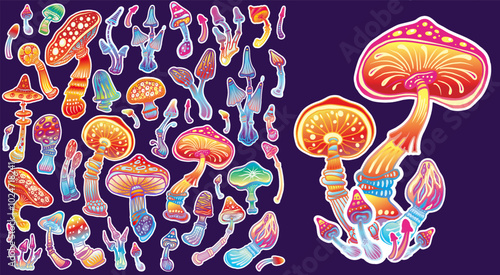 Set of stickers with mushrooms with white outline, for posters, stickers, t-shirt design, logos, labels, posters, cards