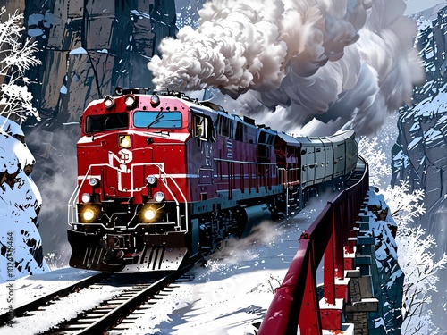 Red Freight Train in Snowy Mountain Pass photo