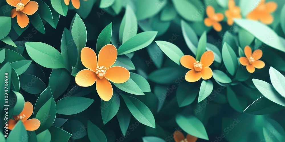 Orange jasmines against a backdrop of green leaves, featuring a selective focus, Orange jasmine flowers with green leaves in soft focus Orange jasmines against a backdrop of green leaves, featuring a selective focus, Orange jasmine flowers with green leaves in soft focus