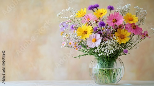 Wallpaper Mural A colorful wildflower bouquet in a glass vase stands against a pale beige background, showcasing a variety of blooms and fresh spring flowers in a minimalist arrangement with delicate petals. Torontodigital.ca