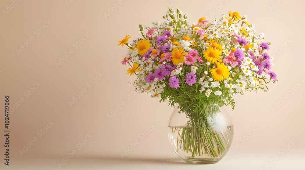 A colorful wildflower bouquet in a glass vase stands against a pale beige background, showcasing a variety of blooms and fresh spring flowers in a minimalist arrangement with delicate petals. A colorful wildflower bouquet in a glass vase stands against a pale beige background, showcasing a variety of blooms and fresh spring flowers in a minimalist arrangement with delicate petals.